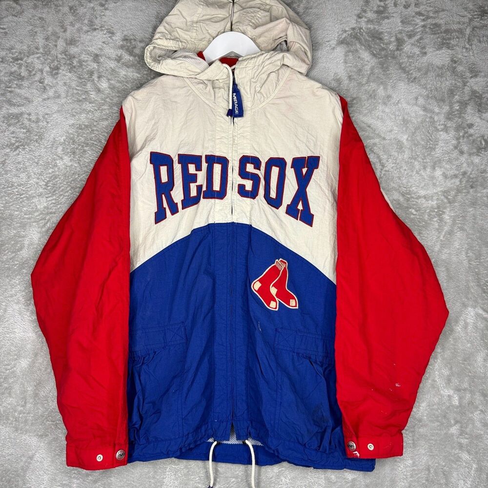 Vtg 90s Boston Red Sox Jacket Mens XL Mirage Full Zip Parka Hooded MLB Spell Out